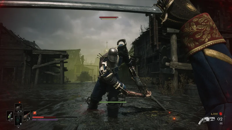 A sword raised against an armored soldier on a village street
